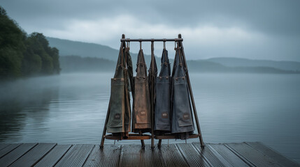 Patinated Steel Tripod Rack Displays Oilskin Jackets With Vintage Charm And Robust Outdoor Storage Appeal