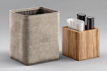 Wooden lid fabric bin with soft cube shape high resolution image