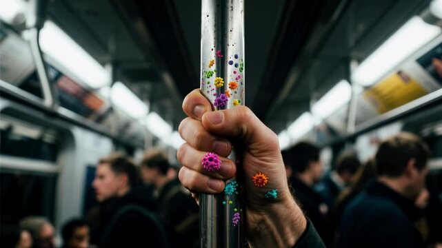Hand holding a subway pole covered in animated germs illustrates the unseen spread of bacteria in public transport, a concept for public health awareness and hygiene