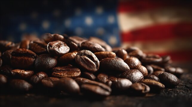 The comforting aroma of freshly roasted coffee beans evokes a sense of home and patriotism set against an American flag