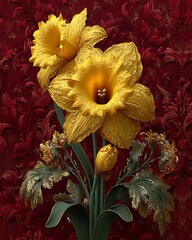 Yellow daffodil flower with embossed petals high resolution image