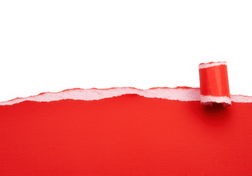 A strip of torn red paper with a curled edge is isolated on transparent background