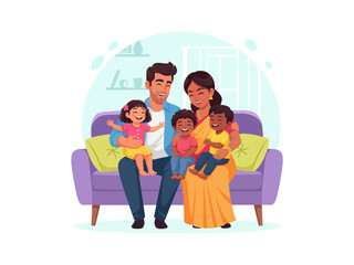 Vector illustration: A happy multiethnic family (parents and little children) having fun at home, sitting together on a sofa. Portrait of an Indian family laughing together on a couch.