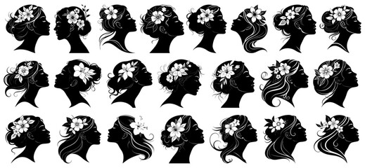 Feminine black silhouette of a woman&rsquo;s face in profile with flower in hair, ideal for luxury spa or skincare logo
