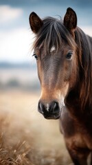 Obraz premium A brown horse gazes calmly while standing in a grassy field under a cloudy sky