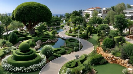 Manicured topiary park with stone walkway high resolution photo