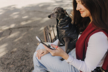 Young girl with Italian Greyhound recording video on phone share via app her travel vacation. Gen Z...