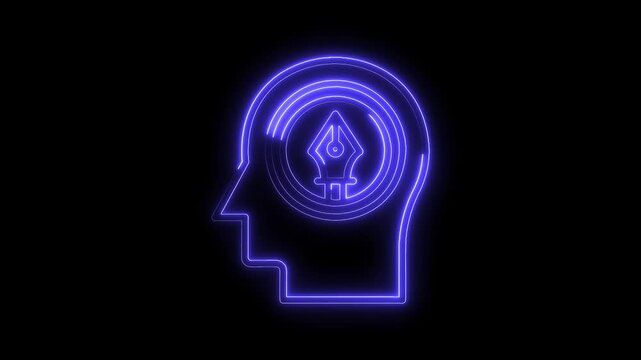 Creative thinking neon animation design head silhouette with pen tool inspiration on black background