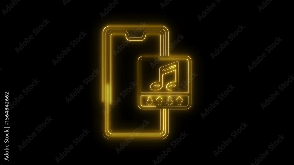 Poster yellow neon glowing smartphone icon with music player and volume control button animation