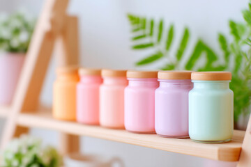 Colorful pastel paint jars organized on rustic wooden ladder shelf