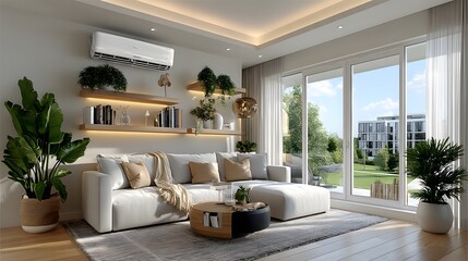 Minimalist living room with cozy neutral tones high resolution photo