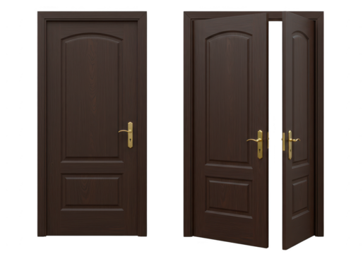 Two brown wooden doors, one open and one closed, isolated on transparent background - Powered by Adobe