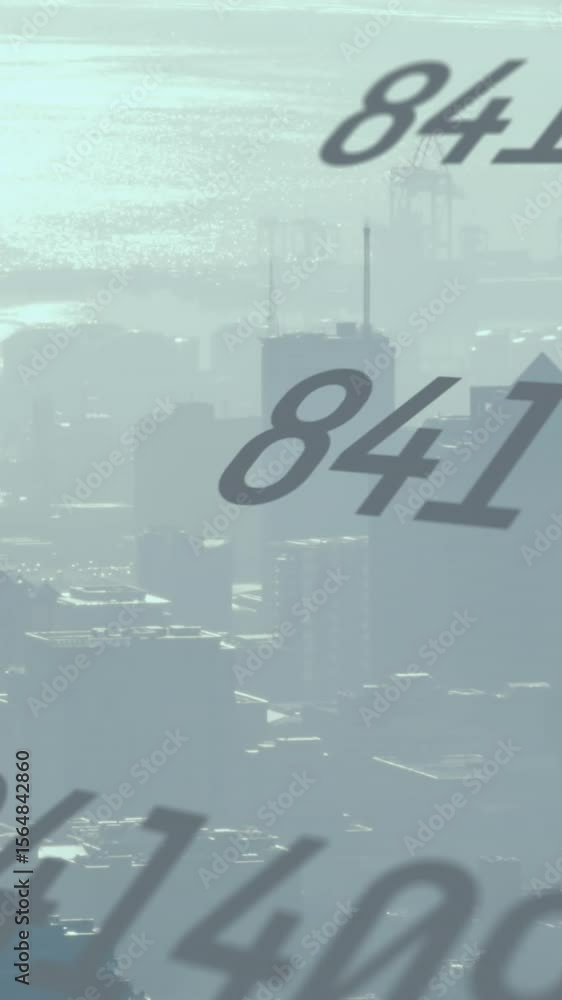 Aufkleber animation of multiple changing numbers against aerial view of cityscape