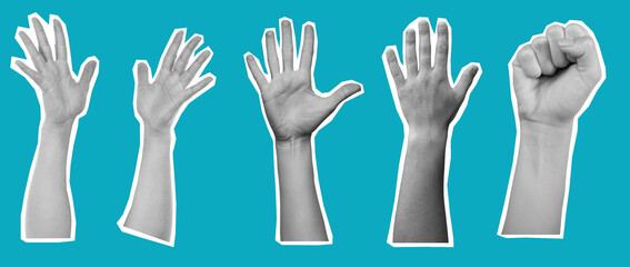 Hand gestures demonstrating various positions and expressions for communication in a clear setting