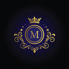 Sophisticated letter M logo with golden crown swirls and blue background for exclusive brand identity