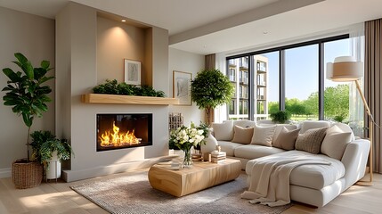 Minimalist living space with warm tones high resolution photo