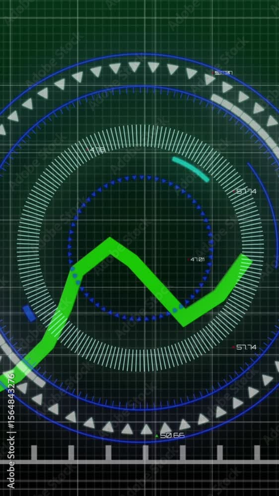 Poster Animation of scope scanning over green line and financial data processing