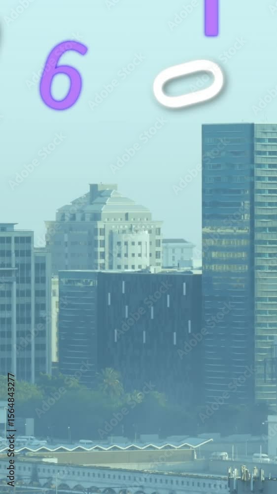 Aufkleber animation of multiple changing numbers against aerial view of cityscape