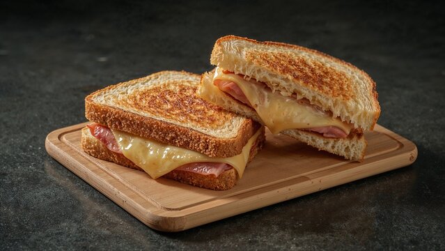 Delicious croque monsieur sandwich on rustic board