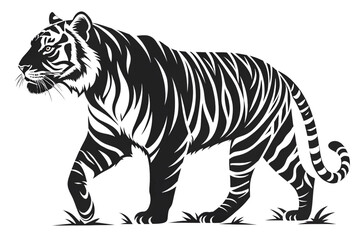 Obraz premium Majestic Bengal Tiger Black and White Illustration of a Powerful Wild Cat Walking in the Grass