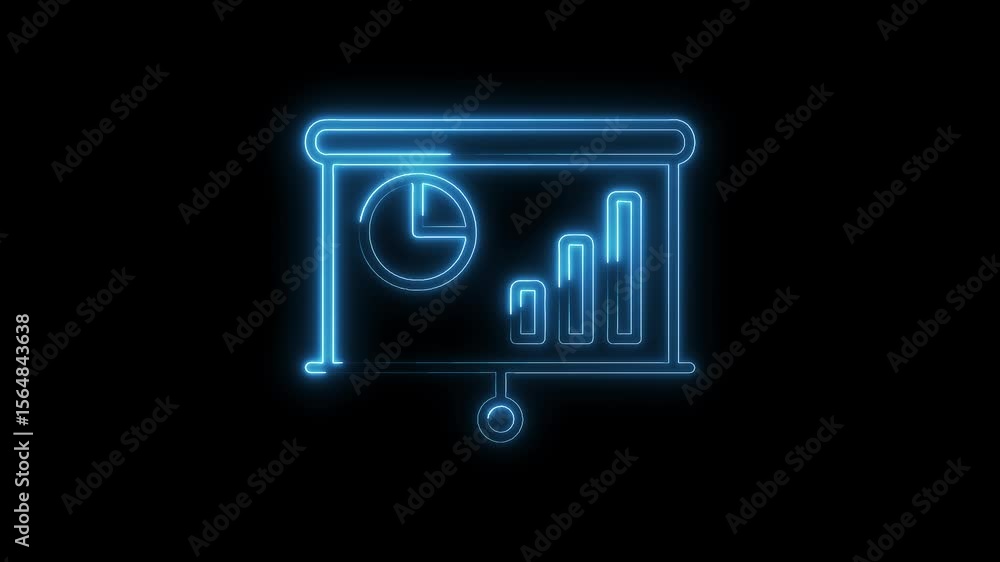 Aufkleber animated neon presentation board with pie chart and bar graph shining on black background