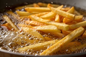 Golden brown french fries sizzling in hot oil creating bubbly perfection for a delicious snack or side dish