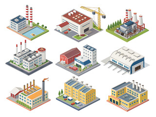 Industrial Factory and Warehouse Silhouette Set, Vector Icon Collection of Manufacturing Buildings with Crane