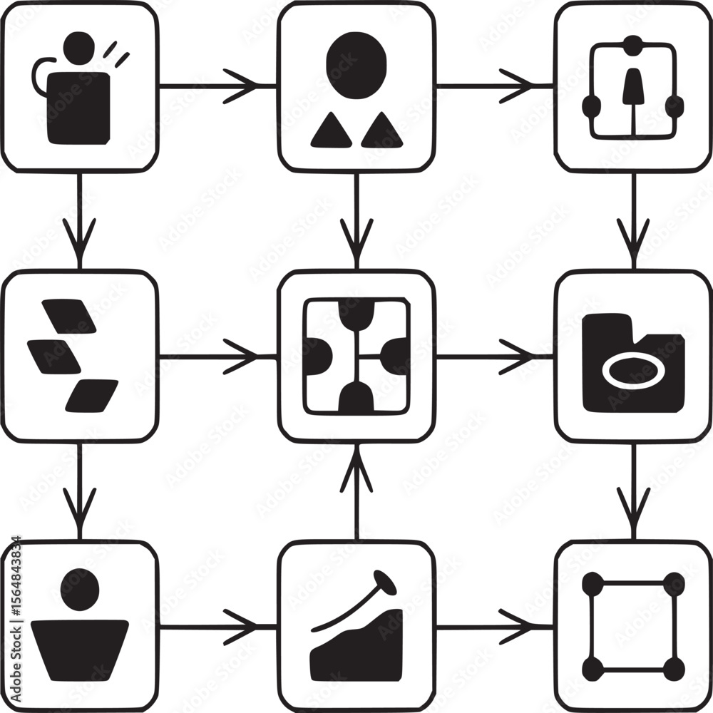 Poster workflow diagram illustration of business process flow chart with connected icons and arrows design 