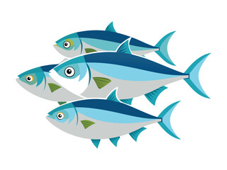 Four stylized blue and silver fish swimming together in a school formation
