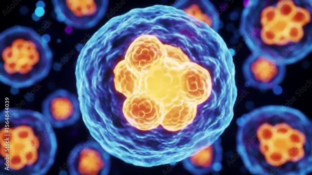 Poster cellular structures blue membranes and orange nuclei in dark microscopic view science biomedical flo