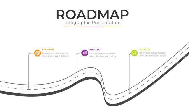 3 Step Modern Business Milestone Route Roadmap Infographic Template – Target, Planning, Strategy, Success Map & Growth Timeline Vector Design