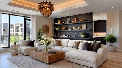 Modern apartment living room with plants high resolution photo