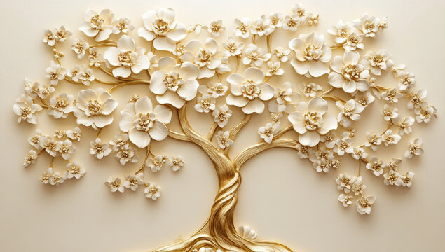 3D Golden Tree with Flowers on Cream Mural