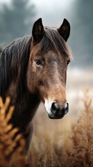 Obraz premium Majestic brown horse gazes calmly through soft natural landscape in early morning light