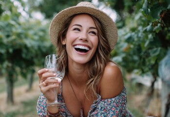 an attractive woman in her late thirties with brown hair and a hat, holding a wine glass and laughing at something she sees outside