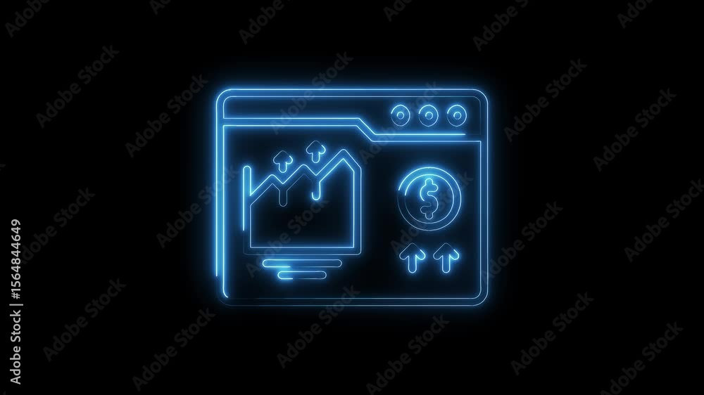 Poster glowing neon web interface with financial chart and currency symbol ascending arrows