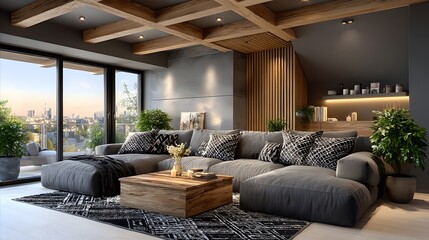 Modern cozy living room with natural elements high resolution photo