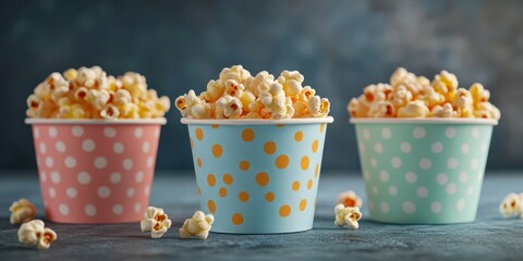 Colorful popcorn cups filled with fresh buttery popcorn on a textured background