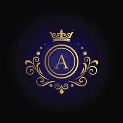 Sophisticated letter A logo with golden crown swirls and blue background for exclusive brand identity