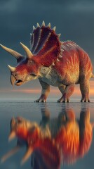 Triceratops standing in shallow water during sunset, showcasing its colorful skin and majestic stance