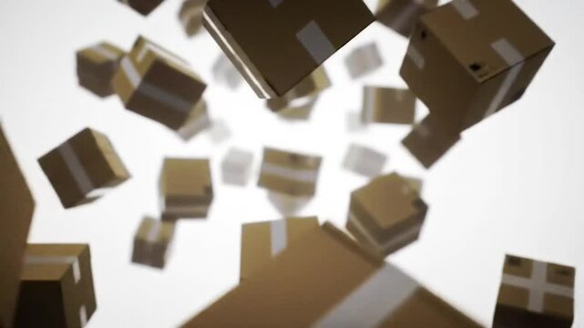Falling Brown Cardboard Boxes with White Tape on a Blurred White Background For Delivery and Shipping