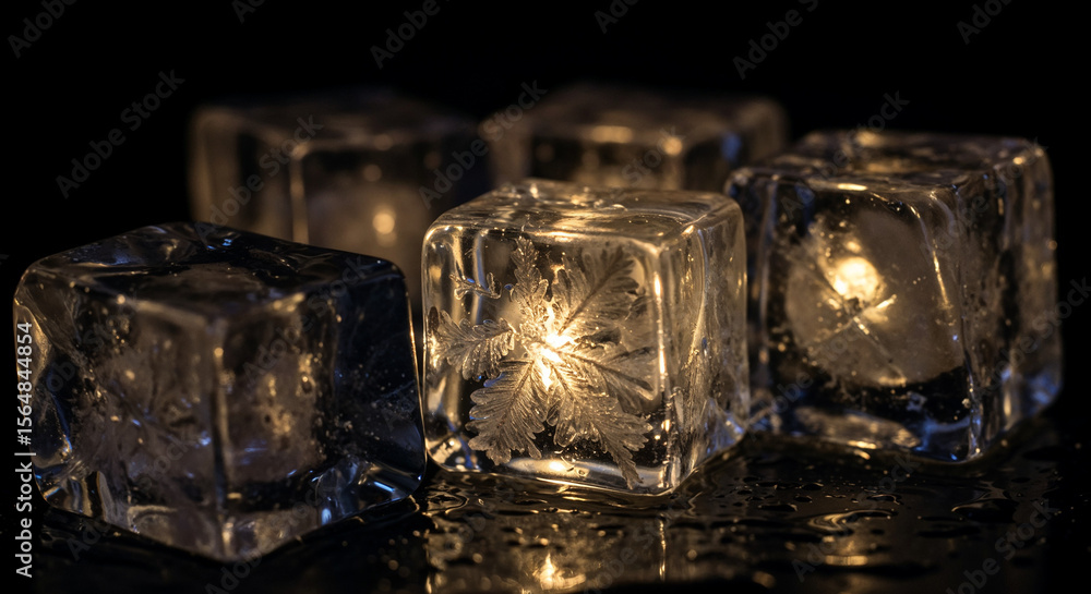 Poster illuminated ice cubes with intricate frozen patterns