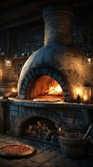 Rustic wood-fired oven with glowing embers preparing delicious pizza in a cozy kitchen setting