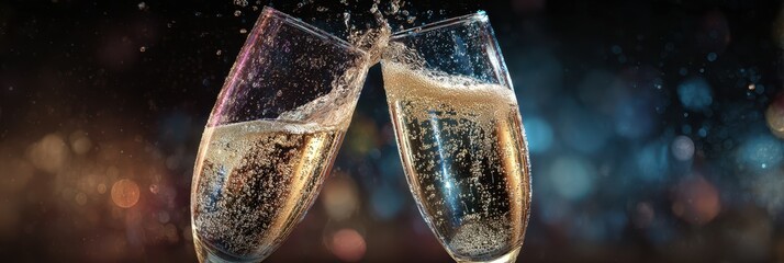 Two glasses clinking together in celebration with sparkling bubbles during a festive evening
