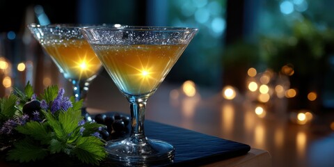 Elegant cocktails glimmering with candlelight at a festive evening gathering in a cozy setting