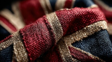 Close-up view of fabric displaying a detailed union jack pattern in rich colors and textures