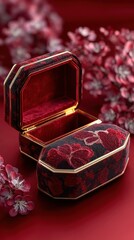 Elegant red floral box displaying intricate design surrounded by delicate blossoms on an ornate red background