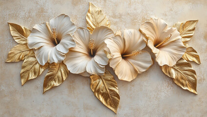 3D Gold Hibiscus Flowers on Beige Mural