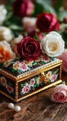 Decorative jewelry box adorned with floral patterns and surrounded by fresh roses on a wooden surface