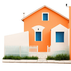 Colorful house with orange exterior and blue windows in urban setting  